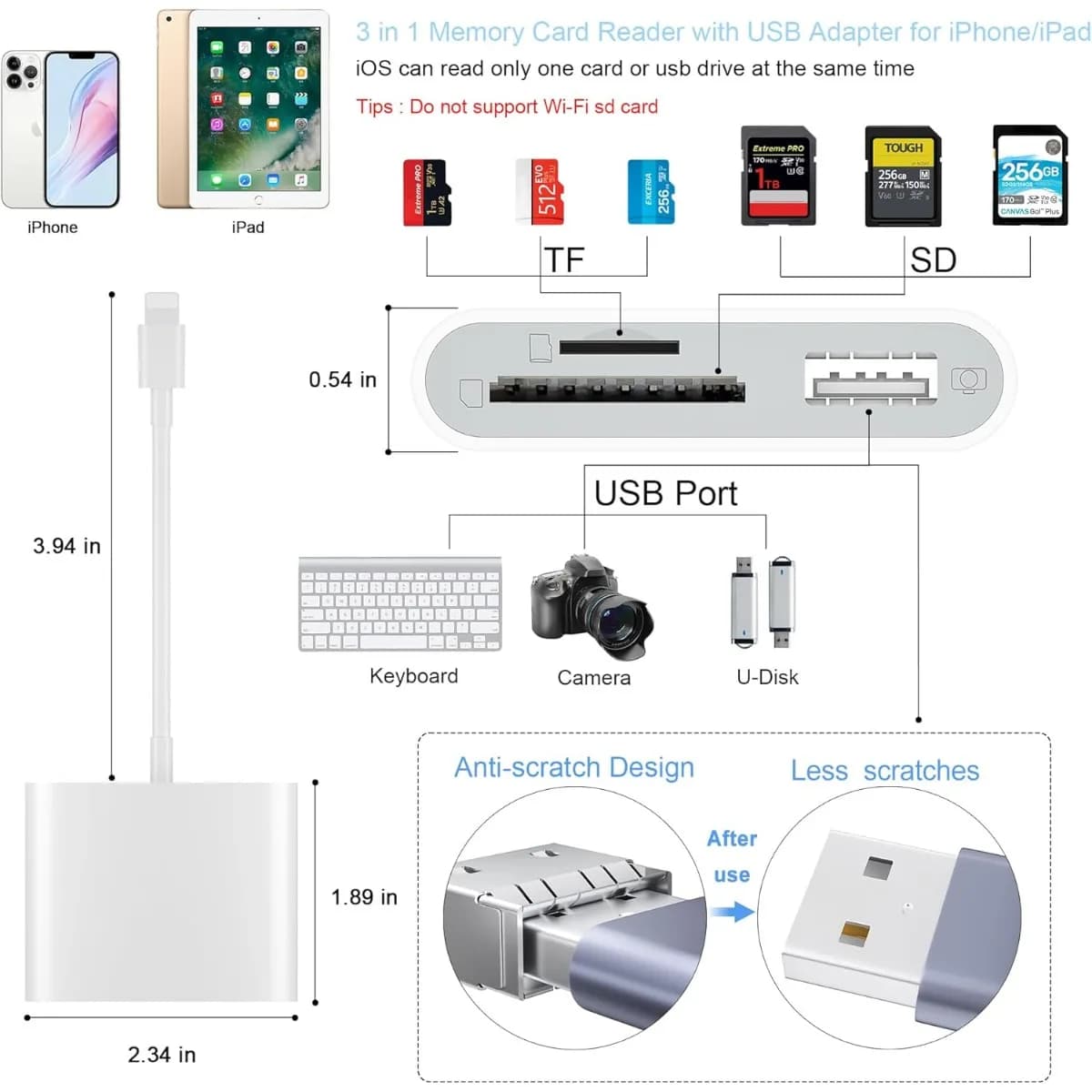 Lettore di schede SD per iPhone, scheda di memoria Fotocamera USB Plug and Play Trail Game Camera Adattatore per scheda MicroSD SD e TF per iPad