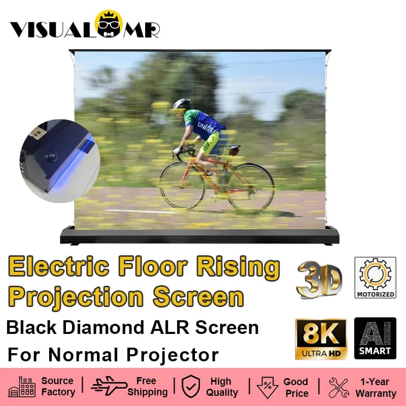 VisualMr Schermo di proiezione ALR in aumento da pavimento elettrico Black Diamond Attacco di tensione della linguetta motorizzata da 150 pollici 4K per proiettore normale