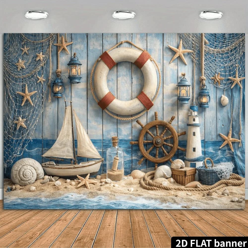 2D Flat,Nautical Lifeboat Starfish Ship Wheel Lighthouse Beach Decor Tapestry Coastal Wall Art Living Room Ocean Theme Print