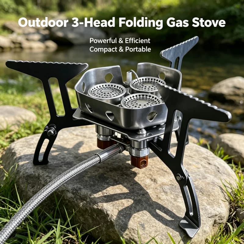 Three-head gas stove portable camping, travel foldable backpack style stove, outdoor hiking picnic cooking utensil full set