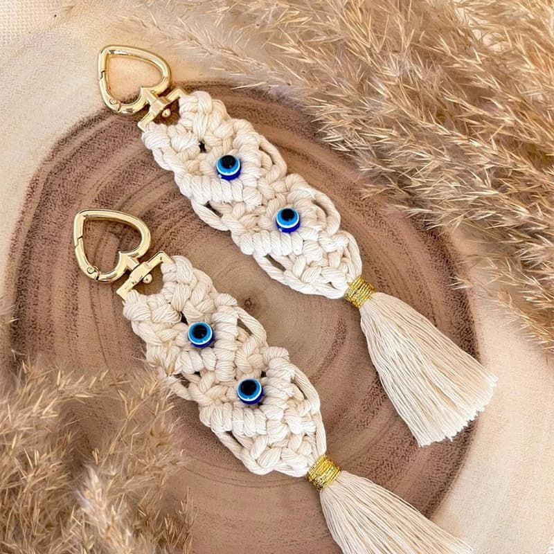 Portachiavi Boho Intrecciato a Mano con Nappa e Decorazione Occhio di Allah - Perfetto per Borse, Portafogli o Chiavi dell'Auto - Regalo Ideale