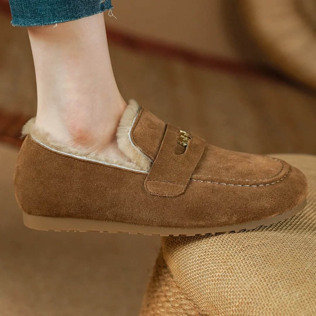 Mocassini invernali slip-on con punta tonda in pelle scamosciata naturale da donna in lana all'interno del freddo mocassini antiscivolo casual da donna