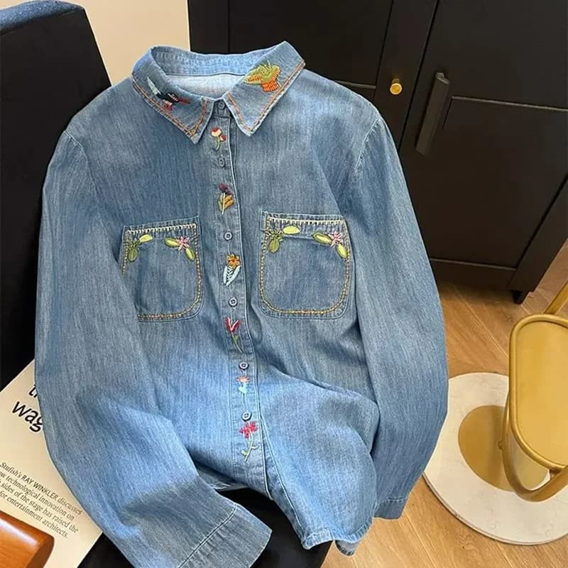 Camicie in Denim di Cotone Stile Harajuku Primavera 2026, Camicie Ricamate a Maniche Lunghe da Donna, Graziose Bluse in Jeans