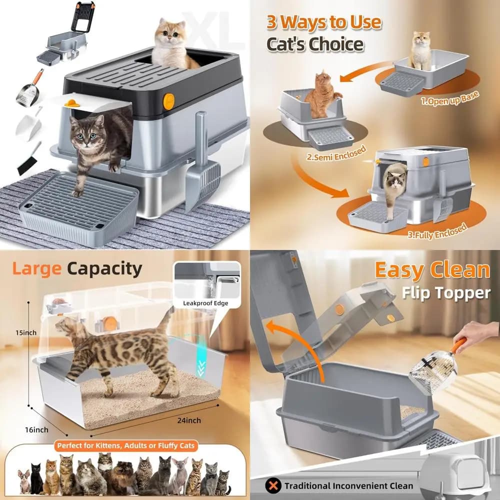 Lettiera per gatti extra large chiusa in acciaio inossidabile con paletta in metallo XL per gatti grandi, ideale per l'igiene felina di grandi dimensioni