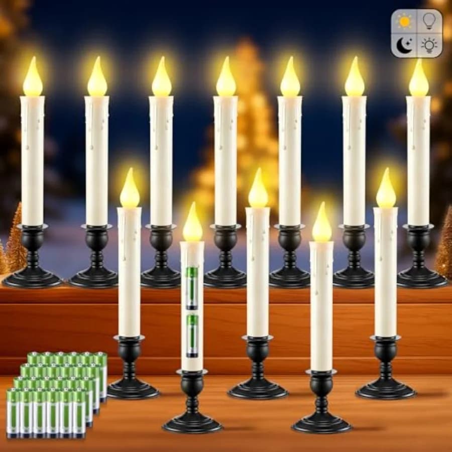 Set di Candele a Batteria per Finestre con Sensore Crepuscolare, Candele Affusolate Senza Fiamma Avorio con Base Nera Rimovibile