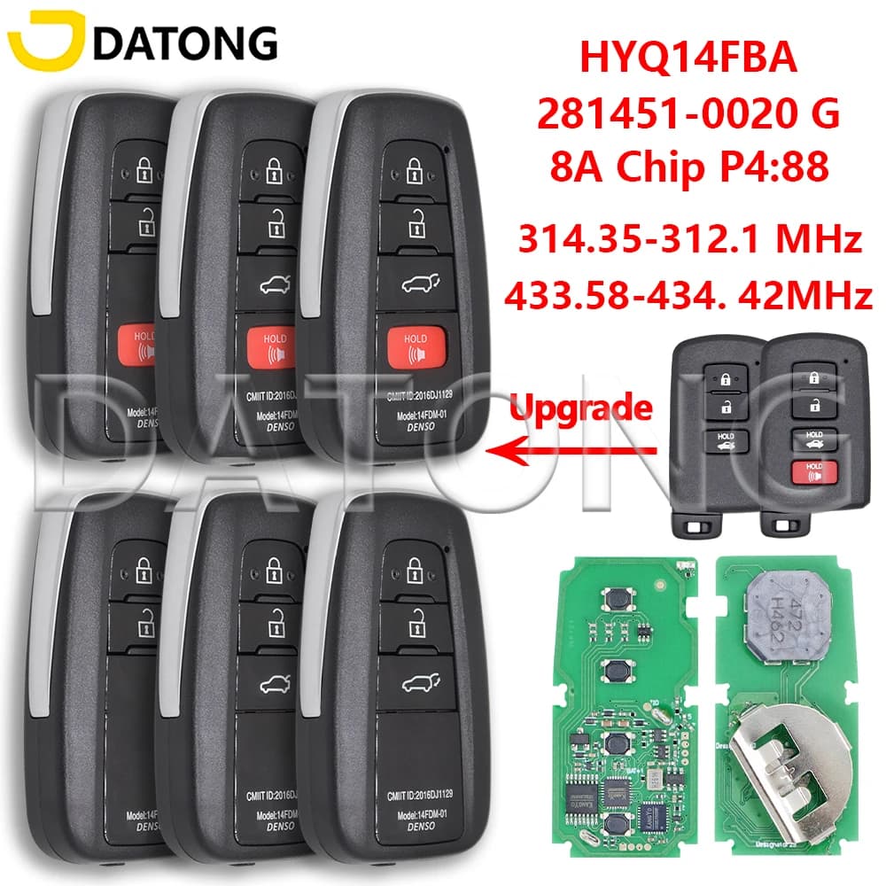 Datong 281451-0020 HYQ14FBA 314/434 MHz 8A Chip P4:88 Chiave intelligente remota per auto per Toyota Yaris Auris Camry Avalon RAV4 Prius Corolla