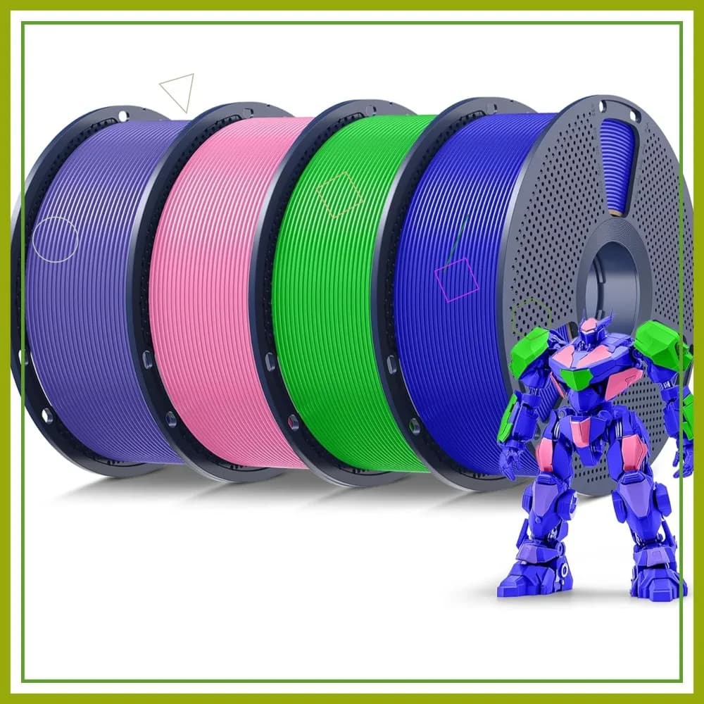 Filamento PLA per Stampante 3D, Confezione da 4kg Multicolore, 1.75mm ±0.02mm, 4 Bobine da 1kg Ciascuna, Rosa Lavanda Viola Blu Klein Verde