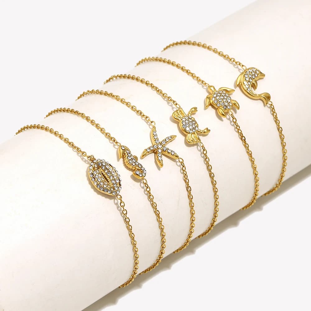 Bracciale E.B.belle con Strass a Forma di Creature Marine: Cavalluccio Marino, Conchiglie, Stelle Marine, Delfino, Tartaruga, Granchio - Gioielli Semplici da Donna