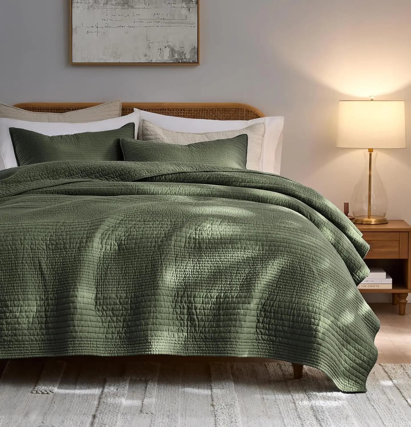 Set Copripiumino in Cotone a Righe Verde Oliva per Letto Singolo, Copriletto Leggero con Cuciture a Canale Texturizzate per Tutte le Stagioni