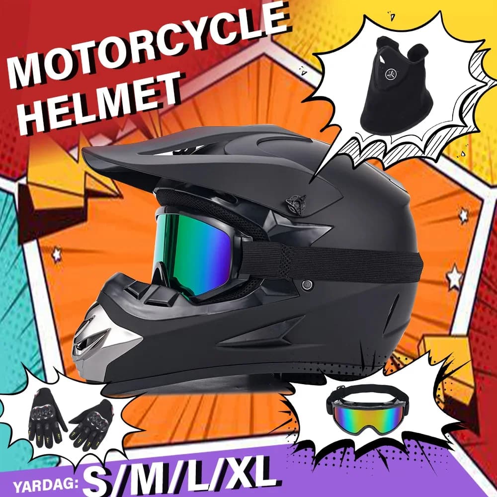 Casco moto fuoristrada Smlxl nero opaco Dot, casco bici fango Atv, casco fuoristrada Utv, occhiali, guanti e maschera per il viso