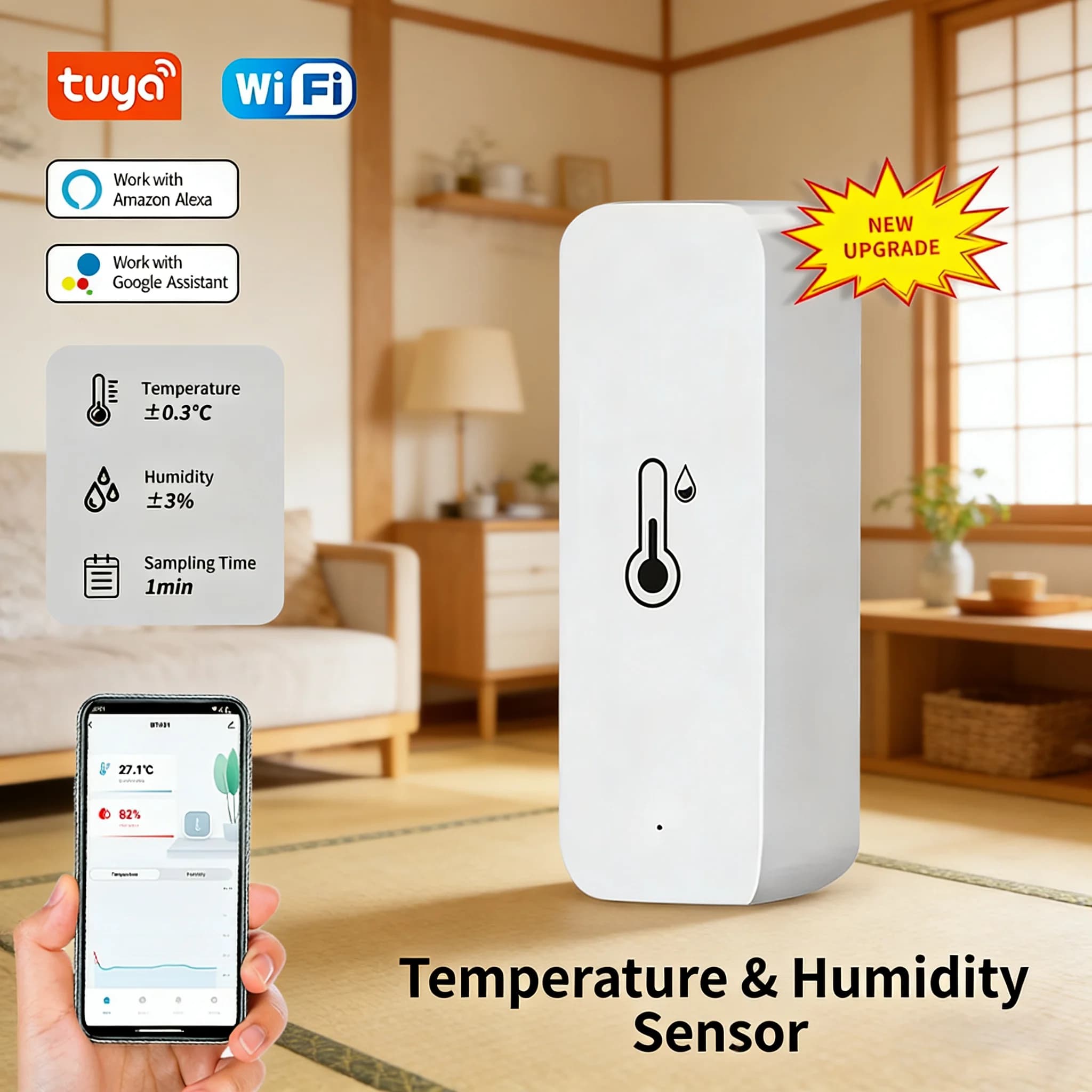 Sensore di Temperatura e Umidità WiFi Tuya Smart, Igrometro e Termometro per Interni, Monitoraggio Remoto tramite APP, Compatibile con Alexa e Google