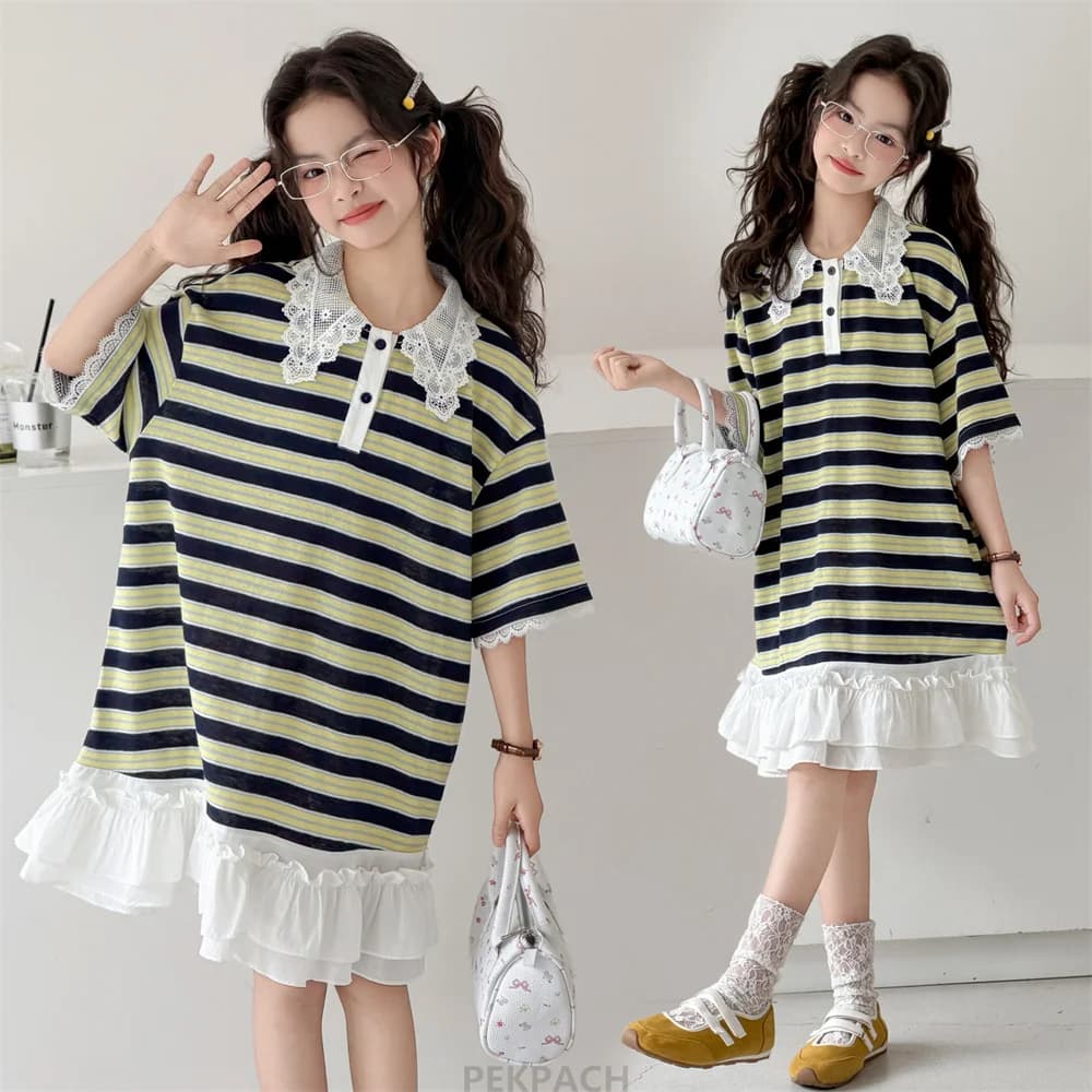 Abito Polo Estivo a Maniche Corte a Righe per Bambine e Ragazze, con Colletto in Pizzo, Elegante Vestito Casual con Patchwork per Tutti i Giorni