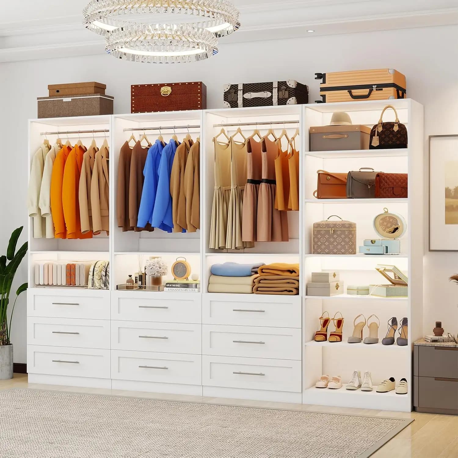 Closet System with 4 Sets, 8FT-21FT Closet Organizer Systems with 9 Wooden Drawers 9 Shelves & 5 Hanging Rods, Walk, Customized