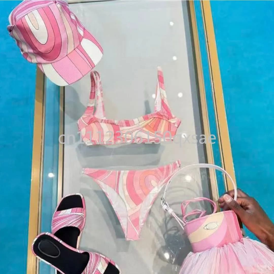 Costumi da bagno di lusso da donna rosa con sciarpa, design con logo a lettere, firmati, sexy, con fascia per capelli e sciarpa