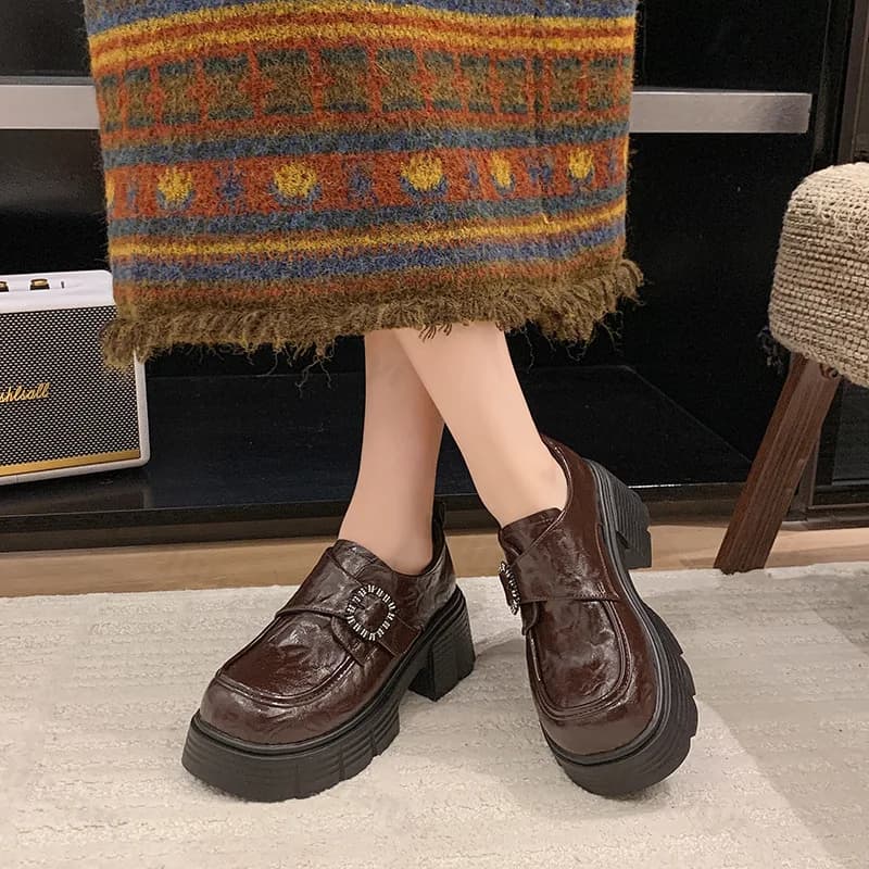 Women's Moccasins 2025 Autumn New Fashion Belt Buckle Big Heel Leather Shoes Height Increase Shoes with medium non-slip heel