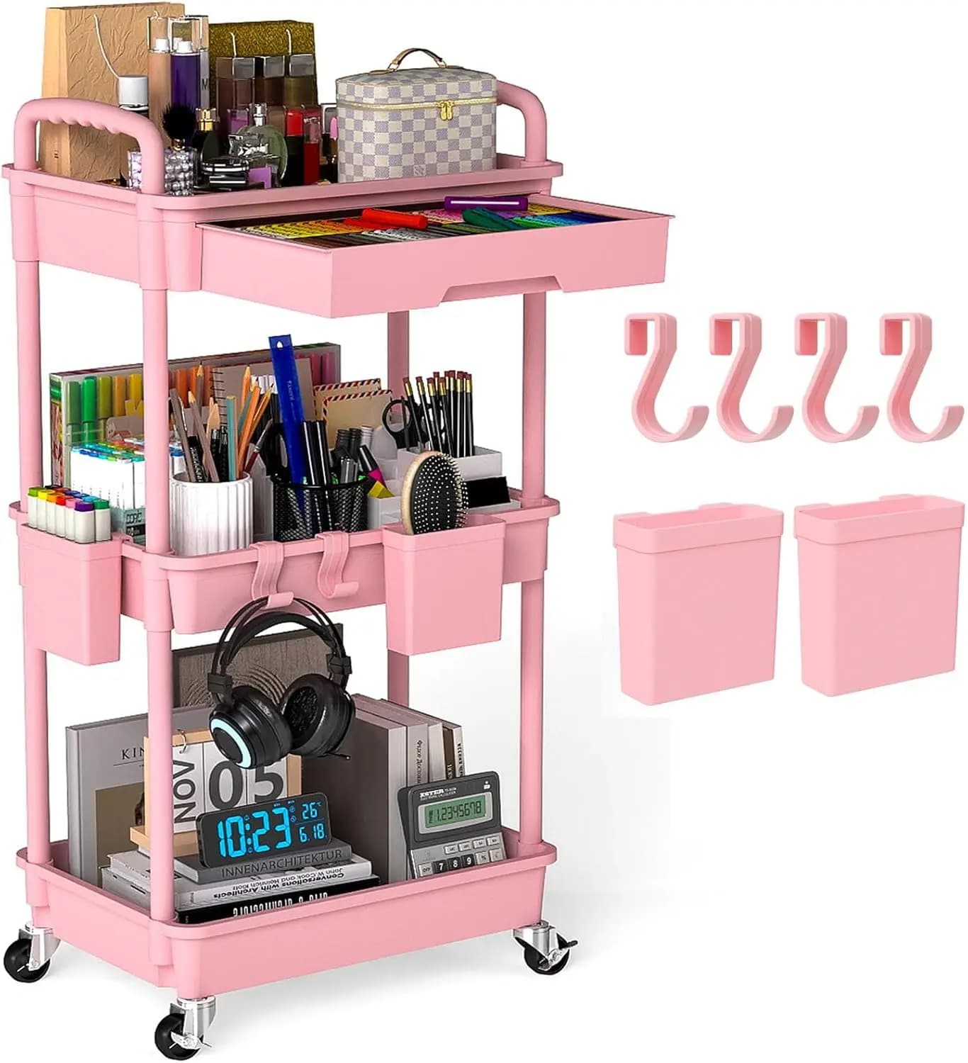 Carrello a 3 Ripiani con Cassetto, Portabicchieri e Ganci - Organizzatore Rosa per Cucina, Ufficio, Bagno