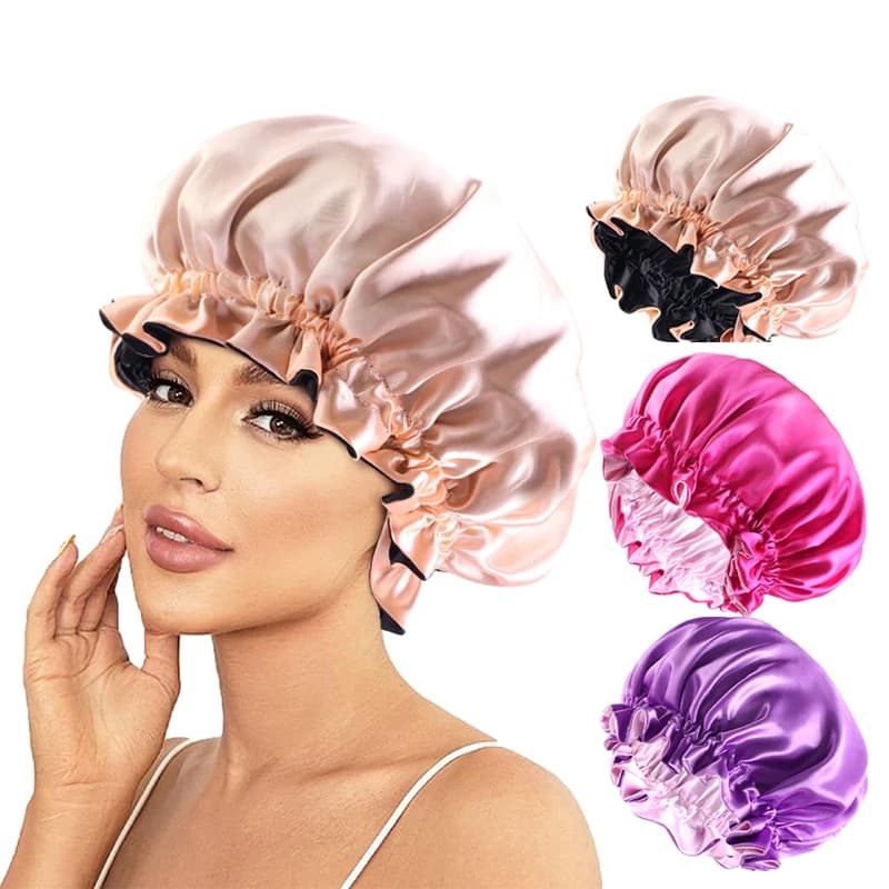 New night cap in double layer elastic solid satin hat night cap double side woman bath head for shower hat hair protection for night sleep