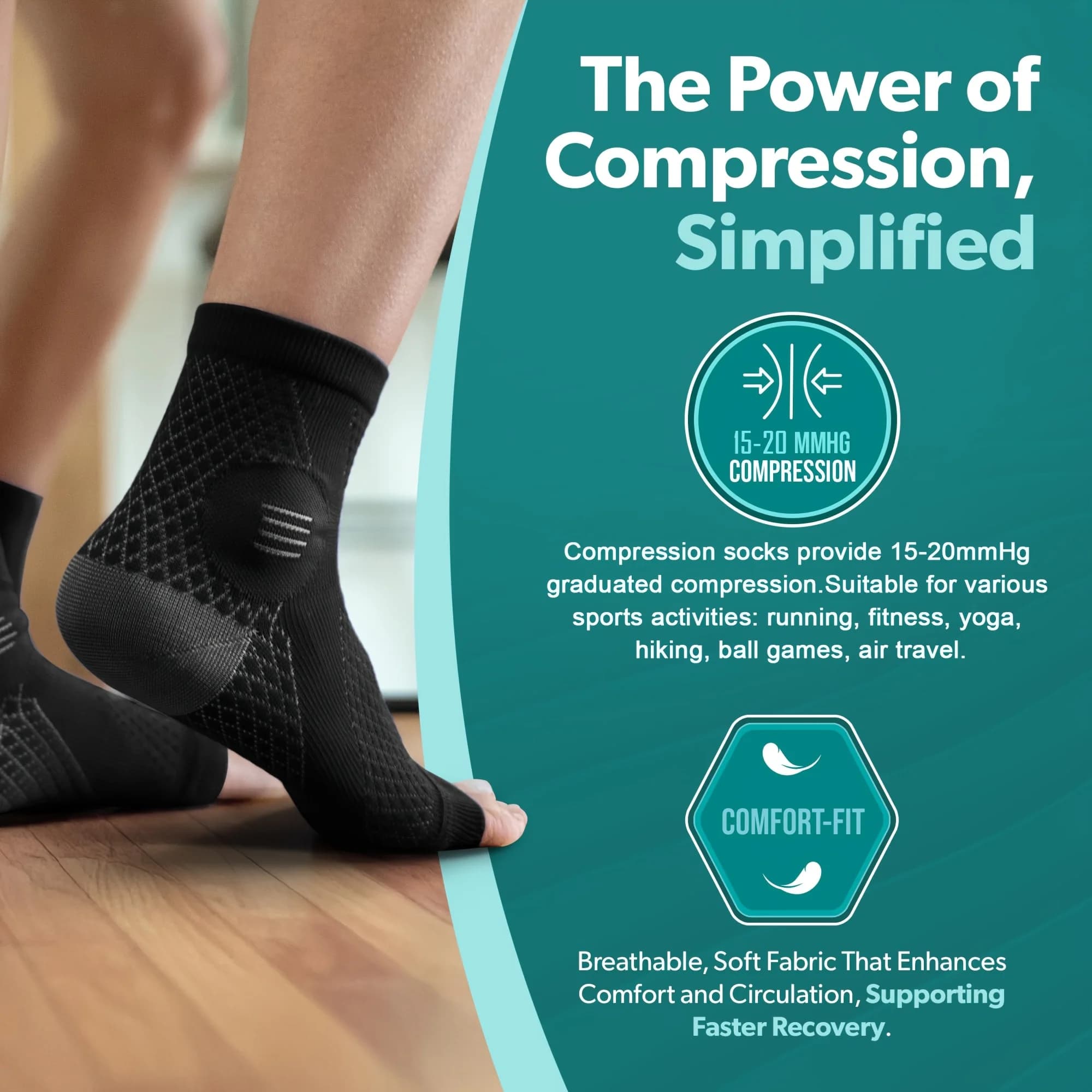 1Pair Ankle Compression Socks,Compression Foot Sleeves with Arch And Ankle Support,Open-Toe Design Neuropathy Socks