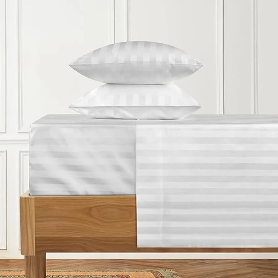 Set di Lenzuola a Righe in Cotone 100% Damascato a 1000 Fili, 4 Pezzi, Tessuto Satinato di Lusso per Hotel - Morbido e Traspirante