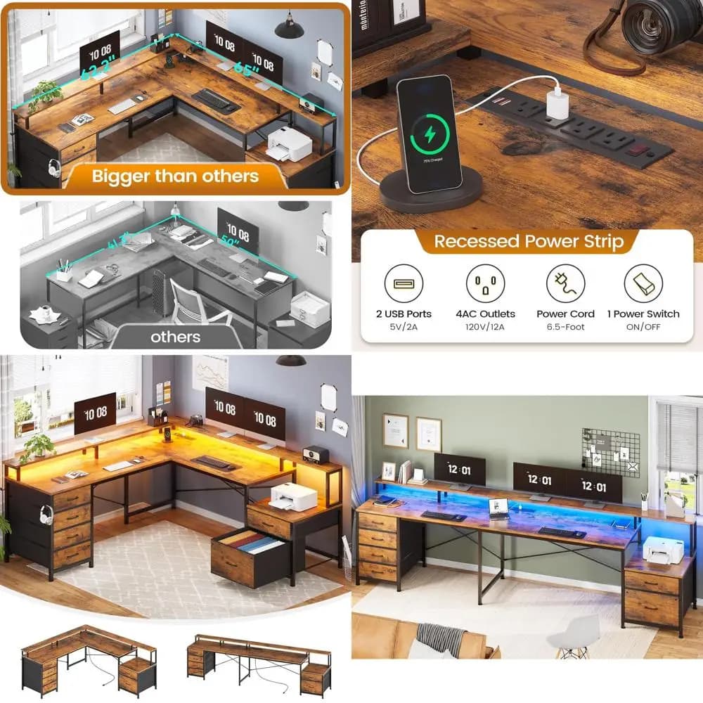 Scrivania da Ufficio a L da 1,8 m con Gestione Cavi, Scrivania Doppia 108, Supporto Monitor, Presa di Corrente, Scrivania Gaming LED, Marrone Rustico