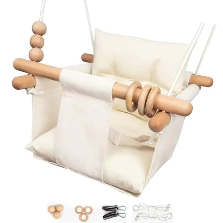 Altalena per Bambini da Interno ed Esterno con Cintura di Sicurezza, Sedile in Tela, Altalena da Appendere all'Albero, Ottimo Regalo per Bambini
