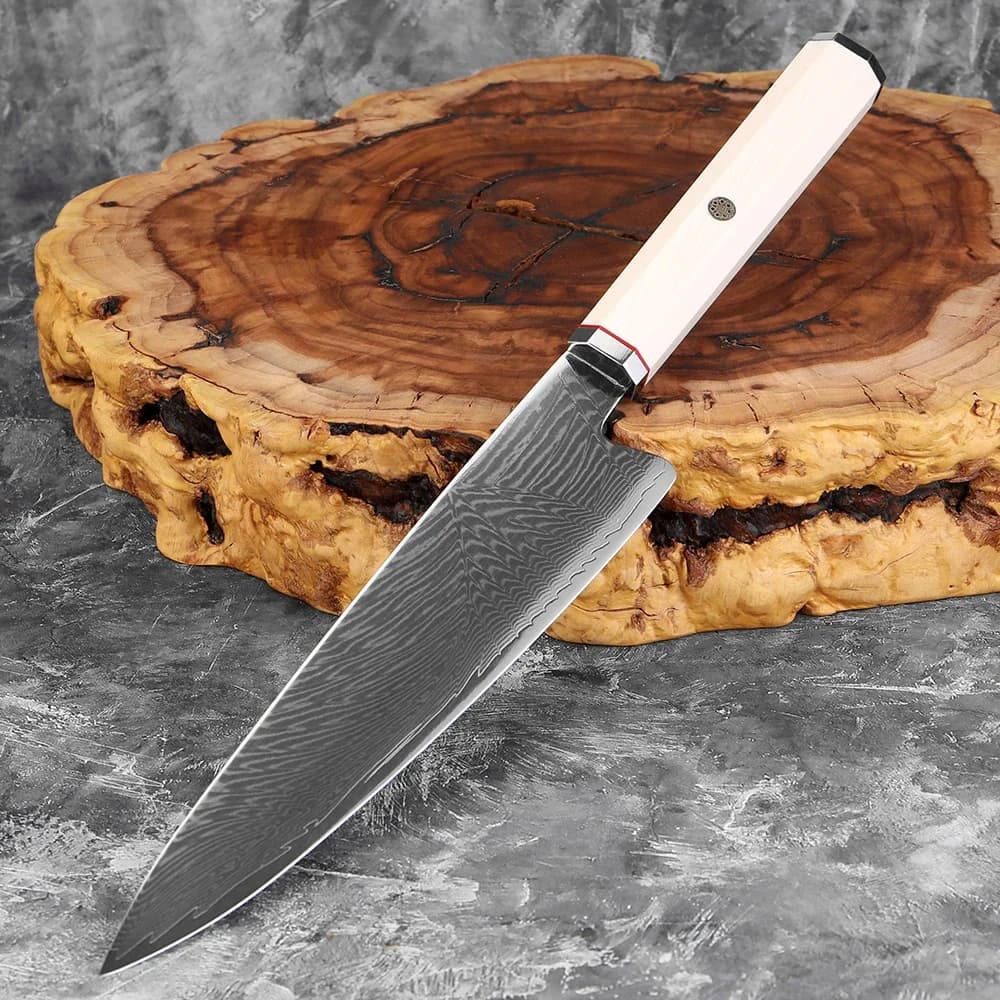Japanese Chef knife 8 Pollici, Kitchen knife VG10 Damascato, Kitchen knives for domestic chefs, Octagonal handle Ivory imitation