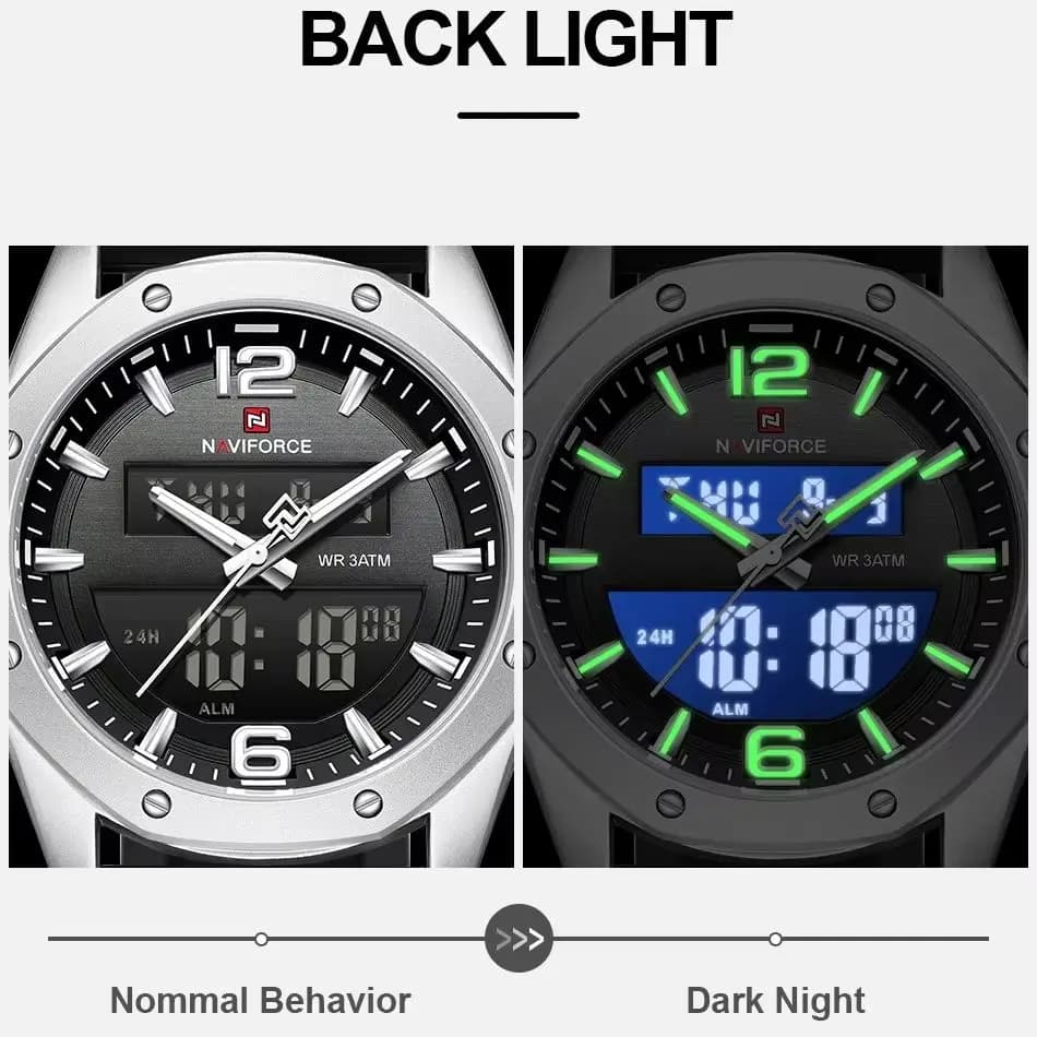 NAVIFORCE Orologio da uomo al quarzo LCD con doppio display con cinturino in silicone 3ATM impermeabile antiurto luce notturna cassa rotonda Sport Casual