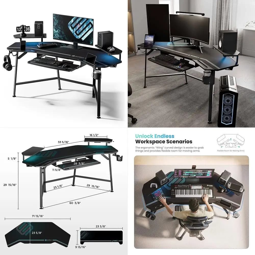 Aero 72 Inch Gaming Desk with Keyboard Tray, Large Computer Desk Led Lights, WingShaped Monitor Stand Dual Headphone Hanger Cup