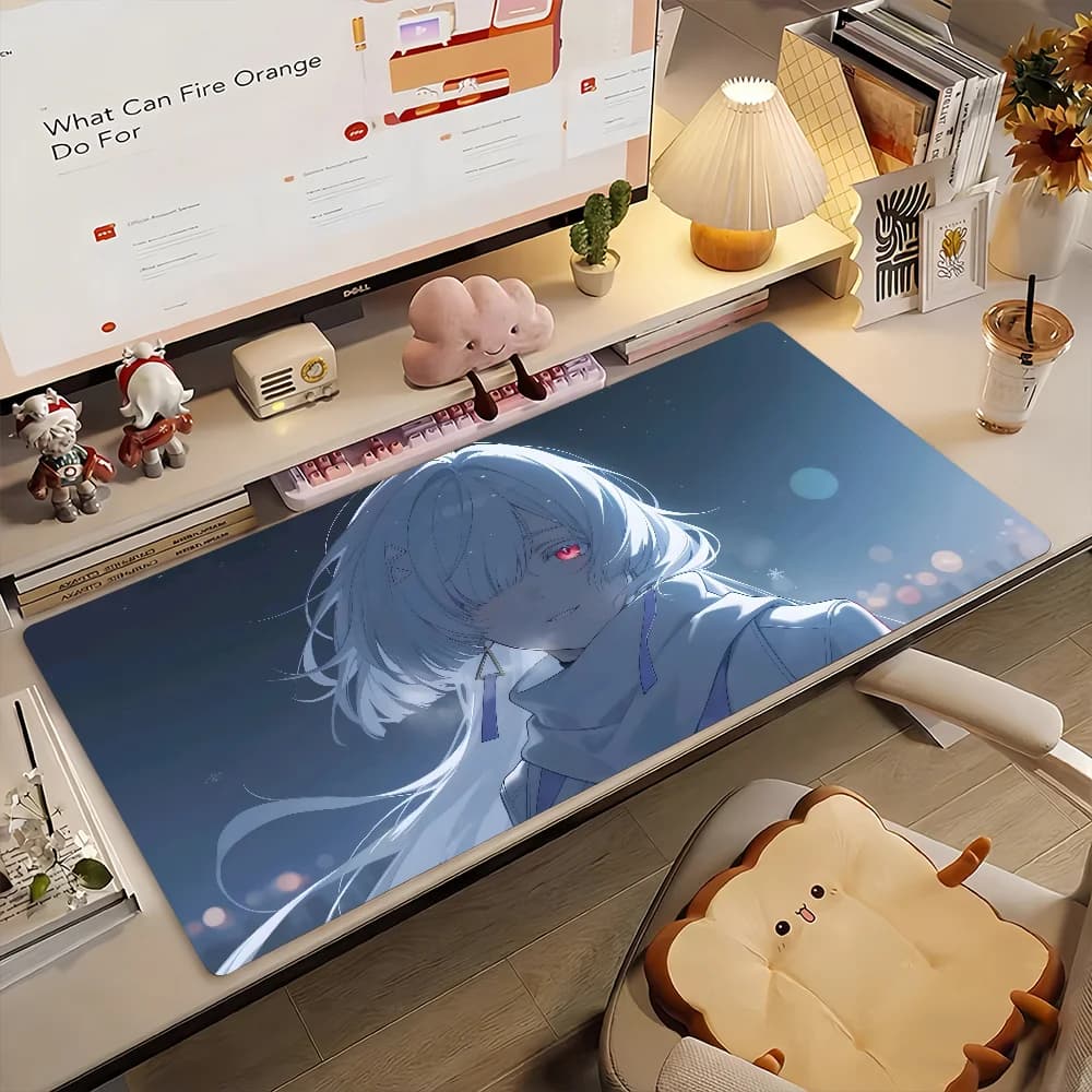 Tappetino per mouse da gaming, tappetino da scrivania grande, bordi cuciti, stampa Ragazza anime Notte Blu con occhi rossi, tappetino per tastiera per gamer, casa e ufficio
