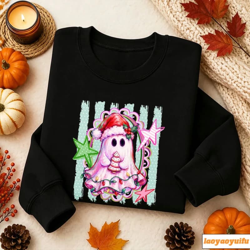 Cute Christmas Ghost Santa Hat Holding Mini Xmas Tree Colorful String Lights Star Retro Pastel Spooky Holiday Cartoon Pullover