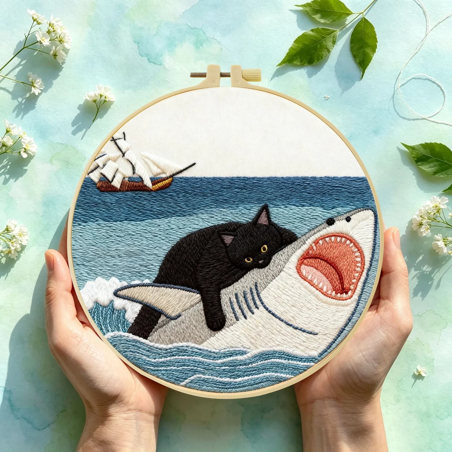 Cat Riding Shark 1PCS Diy Embroidery Material Kits For Beginner Embroide Starter Kit Cross Stitch Art For Gift Needlework Craft