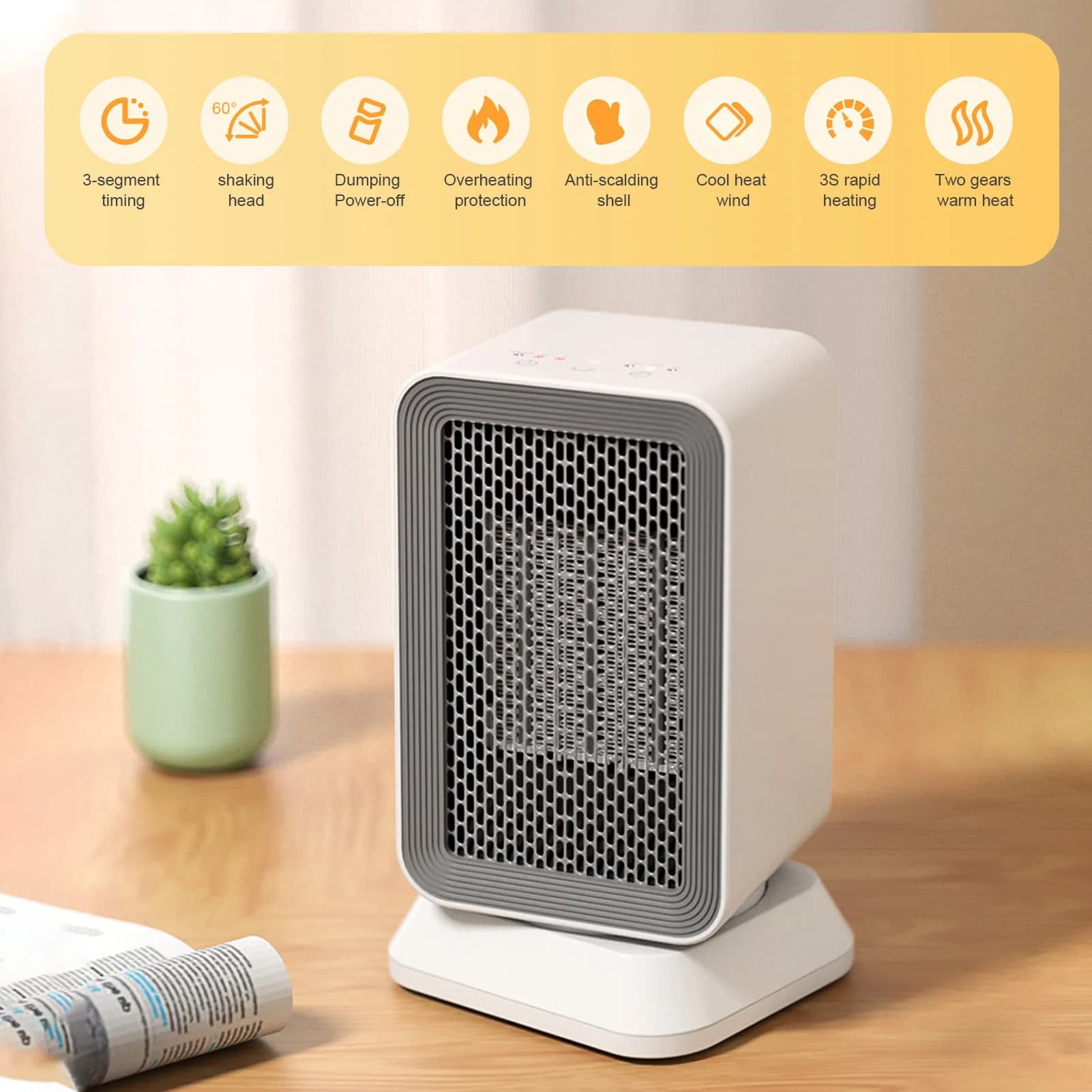 Scuotendo la testa Riscaldamento silenzioso Piccolo riscaldatore Ventilatore Riscaldamento rapido Controllo intelligente della temperatura Home Office Desk Riscaldatore elettrico