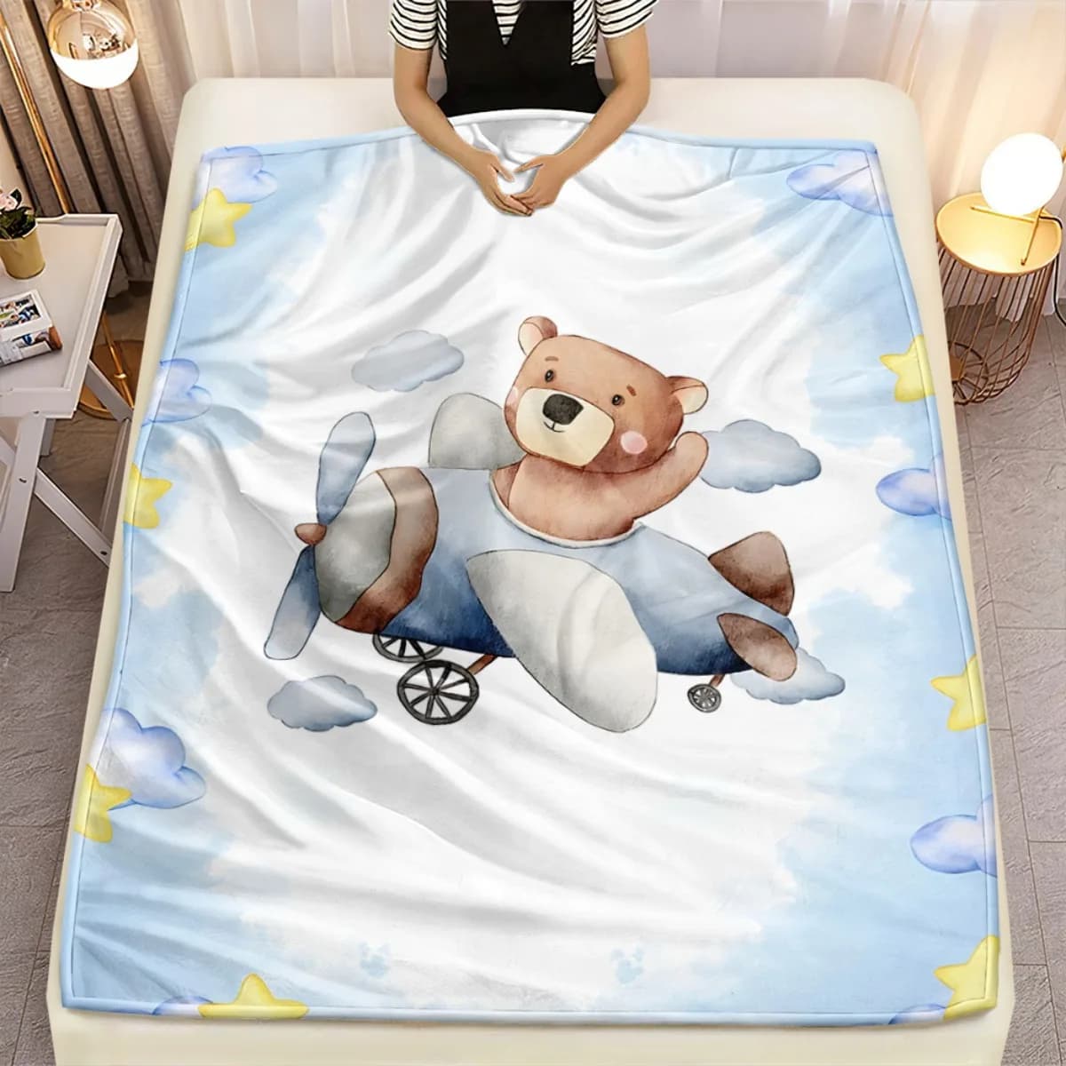 Simpatico orso volante aereo coperta di flanella arredamento della camera dei bambini morbida coperta calda biancheria da letto per bambini coperta di animali dei cartoni animati
