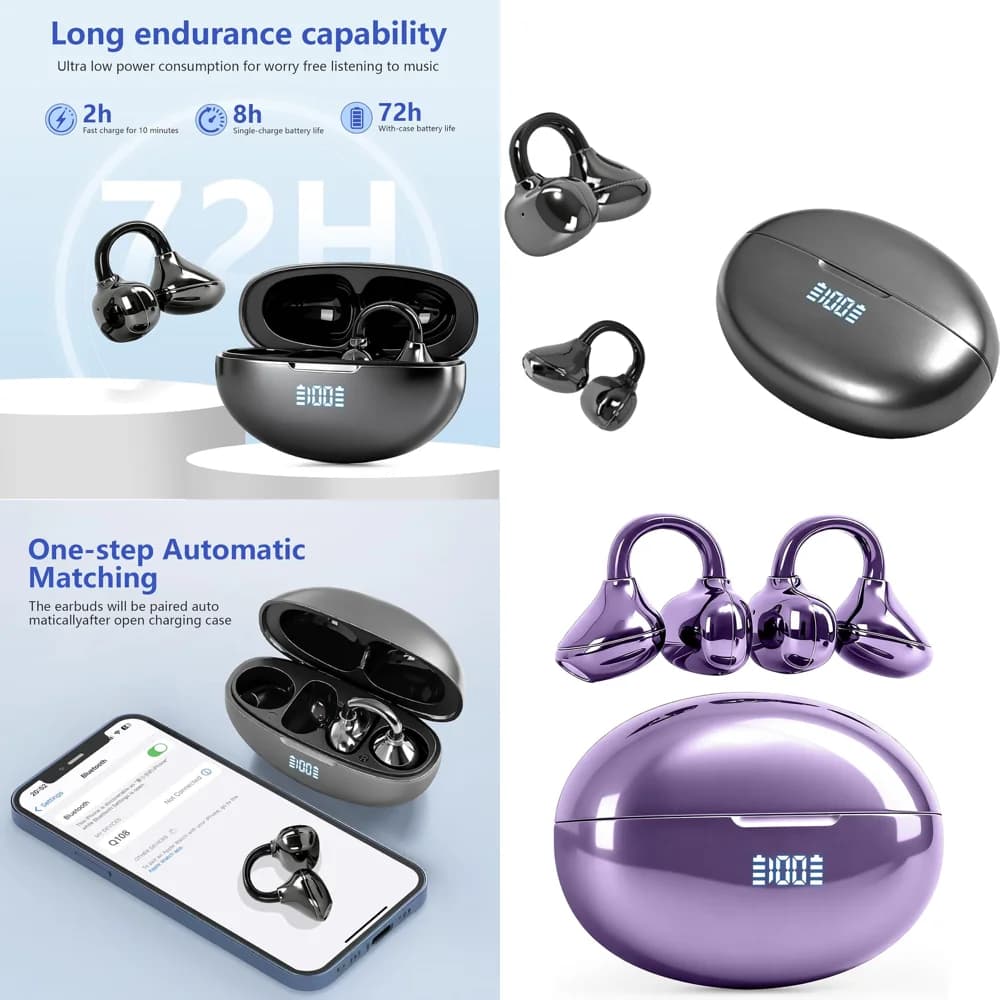New Clear Calls OWS Wireless Earphone for iPhone with LED Display BT 5.4 Long-Battery Life IP7 Waterproof Earbuds for Travel