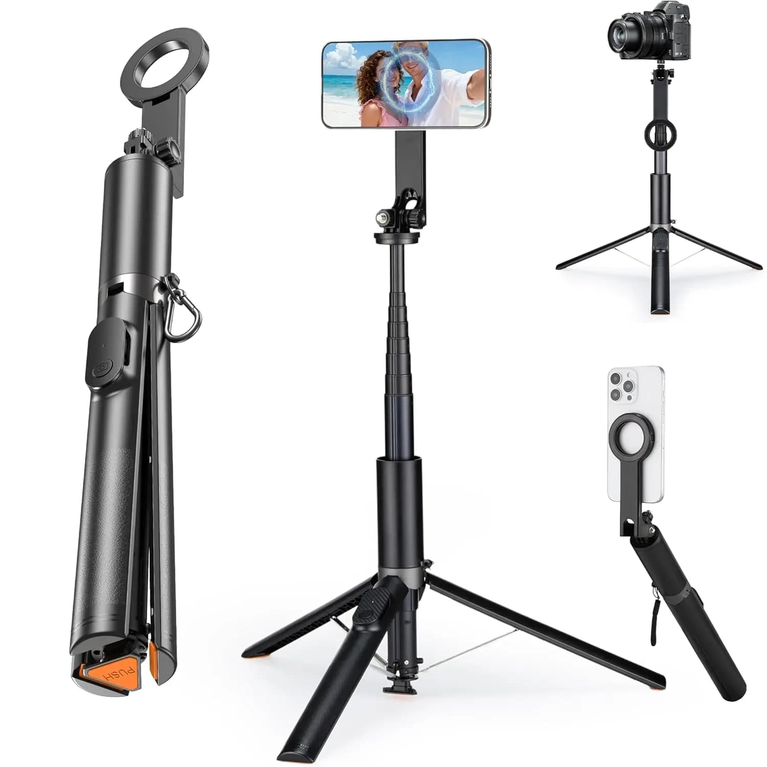 Treppiede magnetico per telefono P27 MF Supporto per telefono con apertura automatica da 76"/193 cm con anello in metallo e telecomando ricaricabile, selfie stick portatile