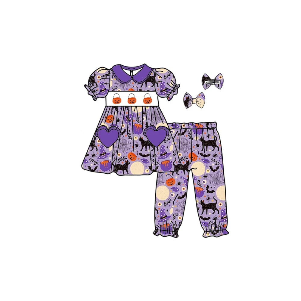 Halloween New Hot Sale Boutique Children's Set Short Sleeve Ghost Bat Pumpkin Print Pants Girls Boys Long Sleeve Pajama Set