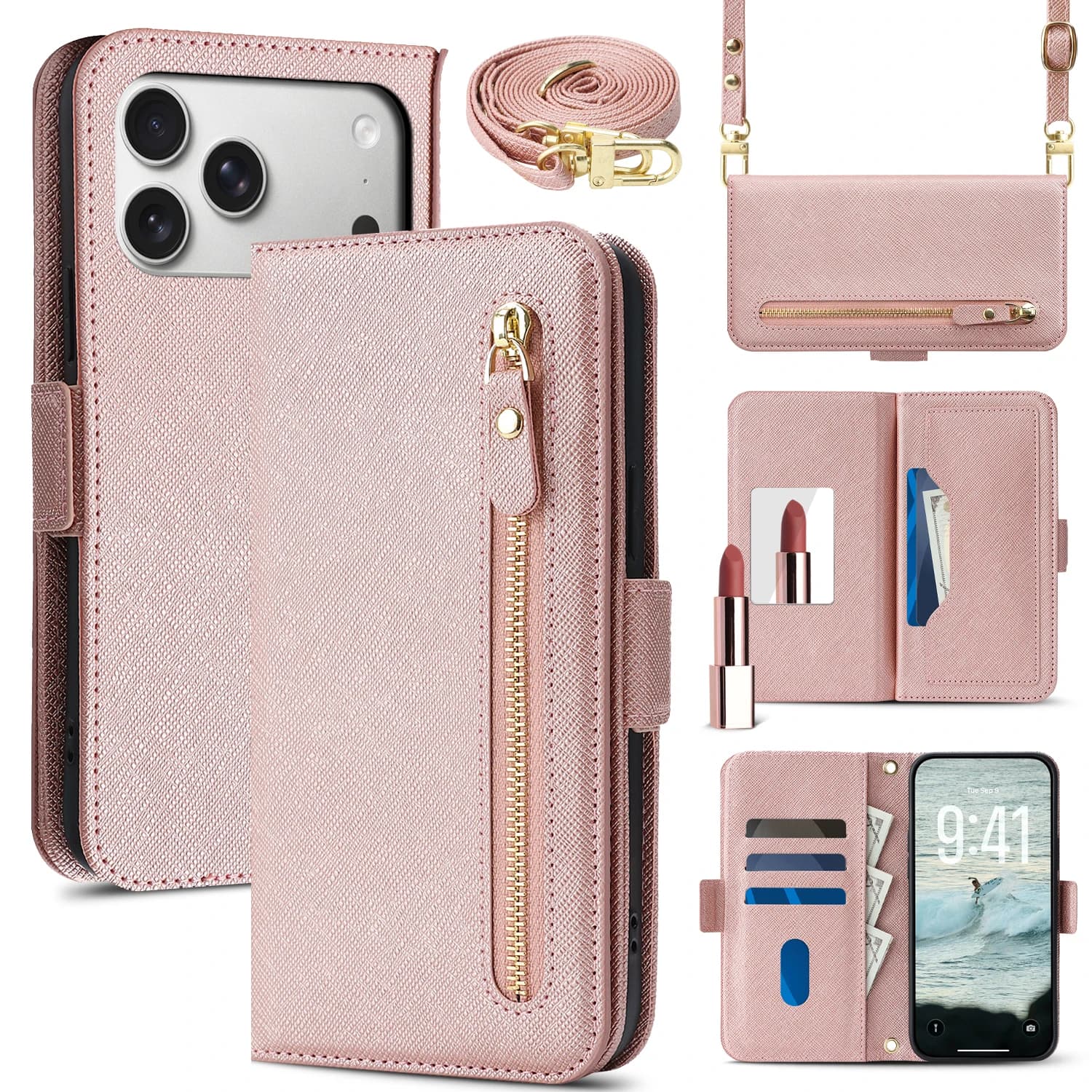 Custodia a portafoglio in pelle con tracolla lunga, cerniera e scomparti per carte, antiurto e con funzione stand per iPhone 17 Pro Max 16 15 14 13 12