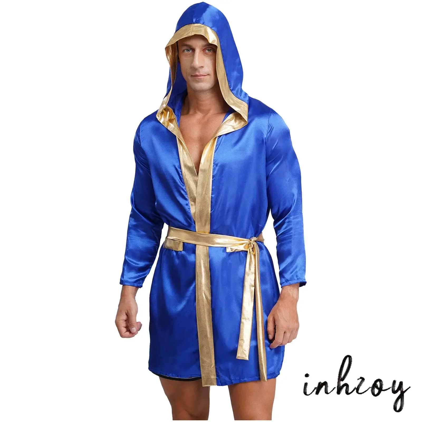 Abito da boxe da uomo, costume da boxer professionale, manica lunga, aperto sul davanti, mantello con cappuccio in raso con finiture metallizzate lucide e cintura