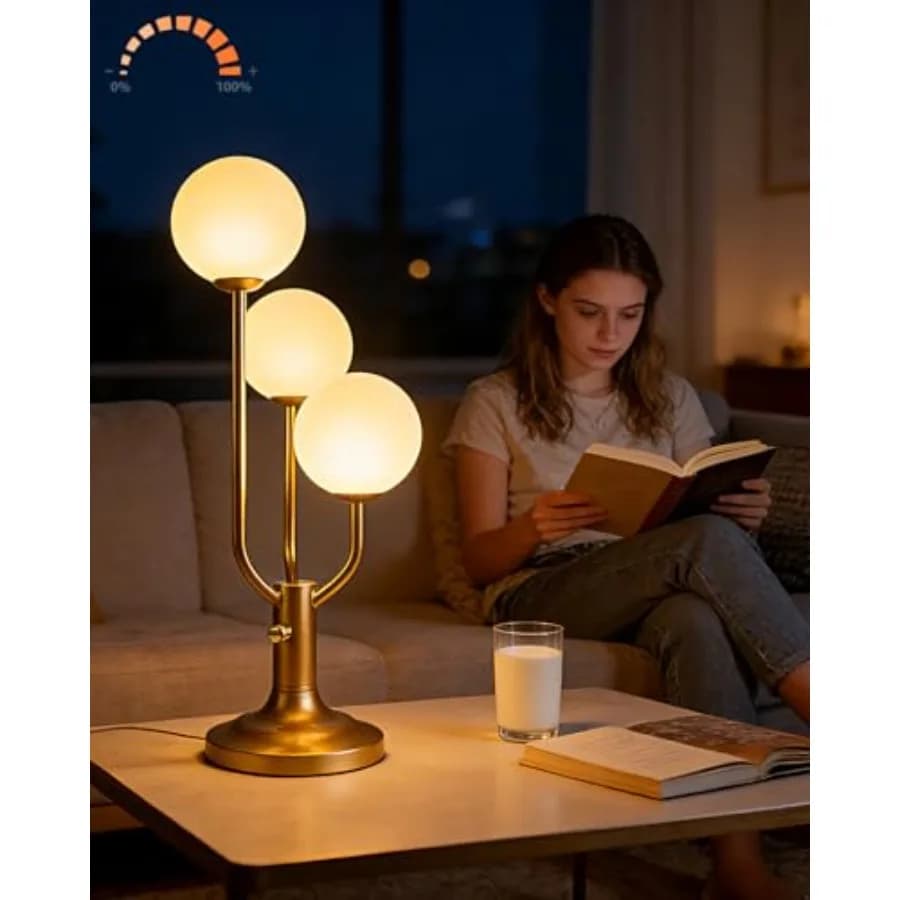 Lampada da Tavolo Moderna Globo Dorato Dimmerabile, Lampada da Scrivania a 3 Luci Stile Mid-Century, Lampada da Comodino 3000K Luce Calda per Camera da Letto