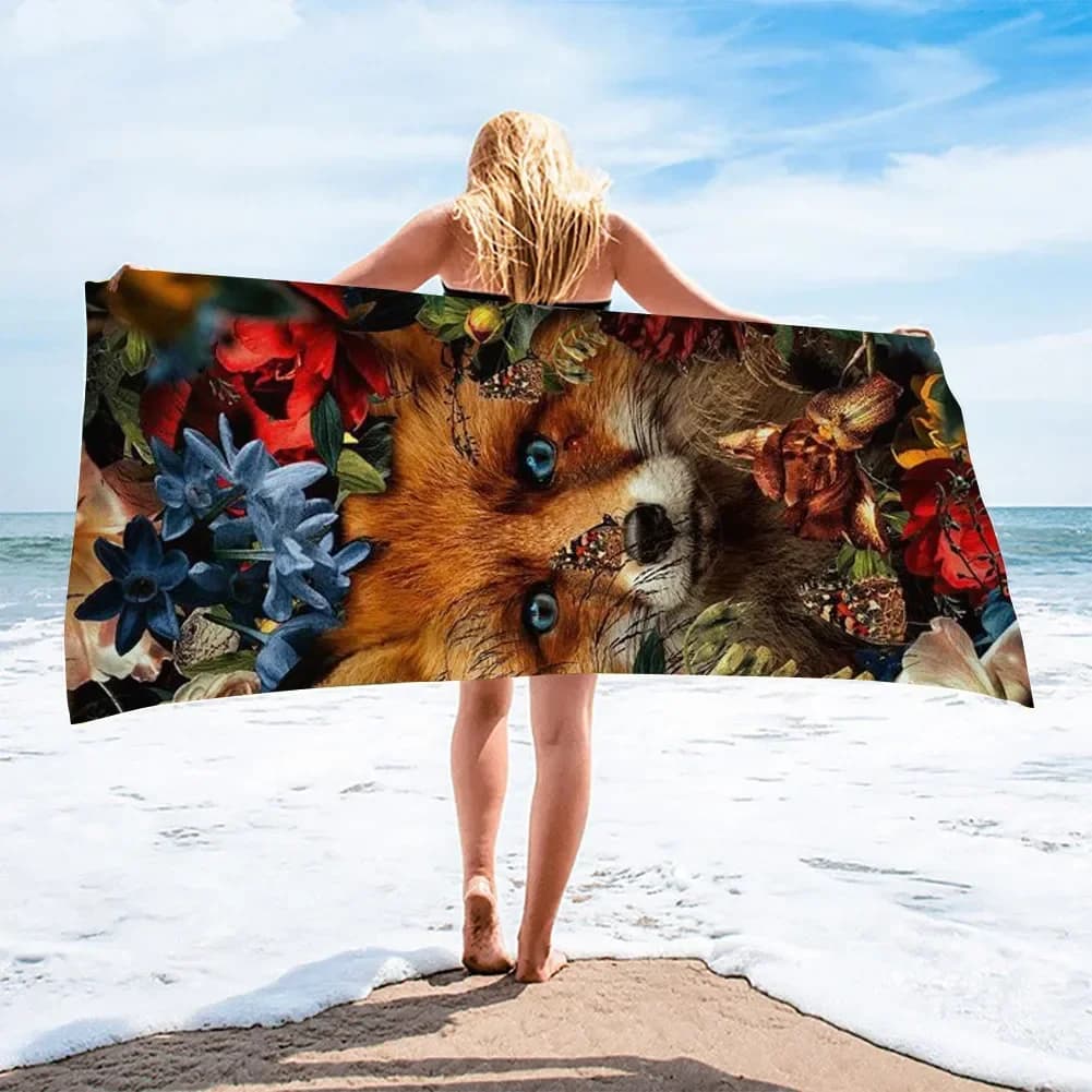 Asciugamano da spiaggia con fiori di volpe Asciugamano da bagno in microfibra ad asciugatura rapida Animali Morbido tappetino da yoga grande Coperta da viaggio da campeggio portatile Donna Bambini