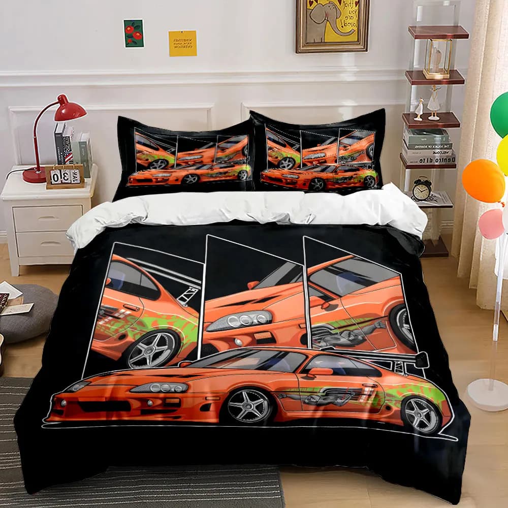 Set copripiumino con motivo auto sportiva modificata arancione, stampa digitale, biancheria da letto in poliestere colorato con chiusura a cerniera, per regali per bambini