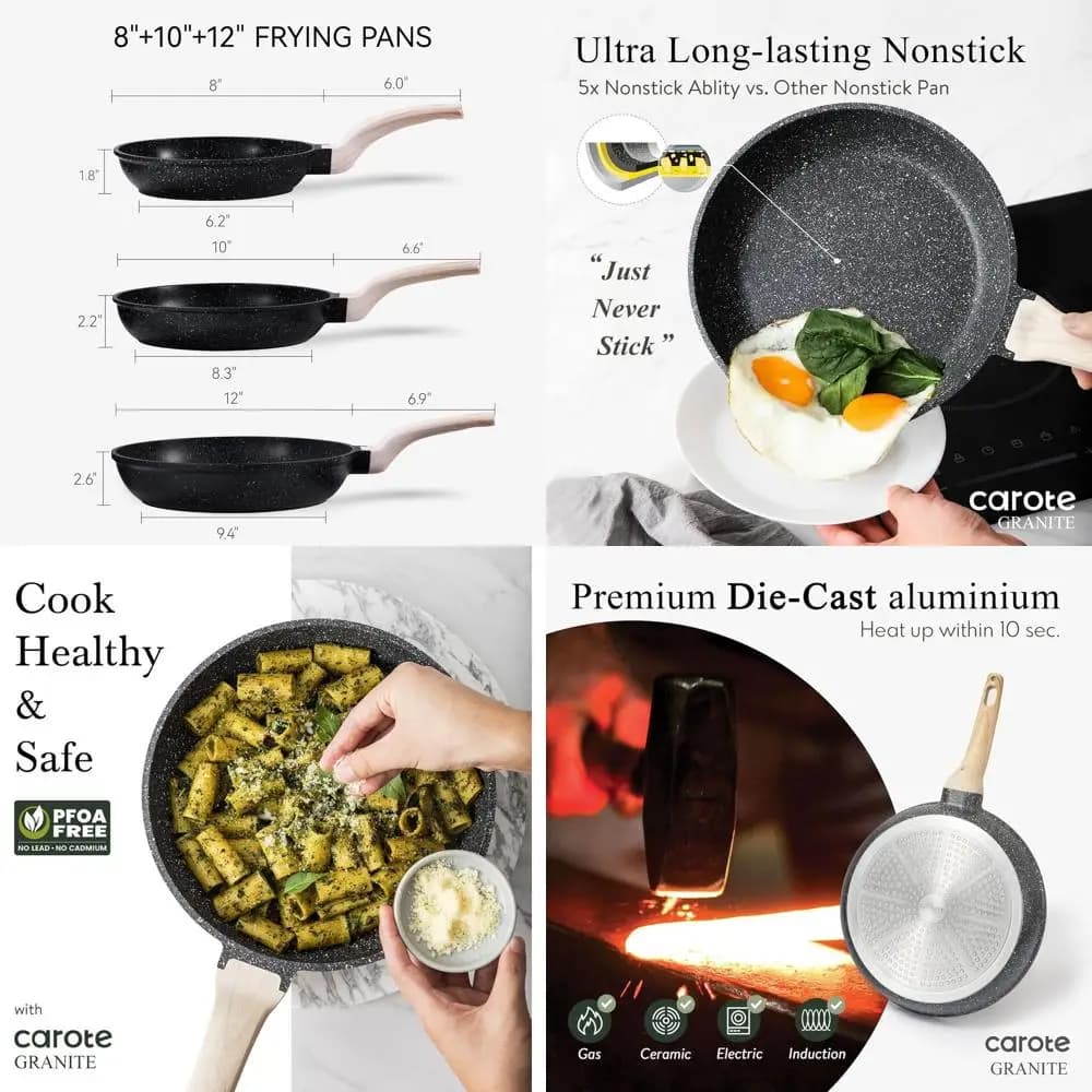 Ready induction non-stick pan set with frittata pan and granite chef pan, heat-resistant handle, 8, 10, 12, black