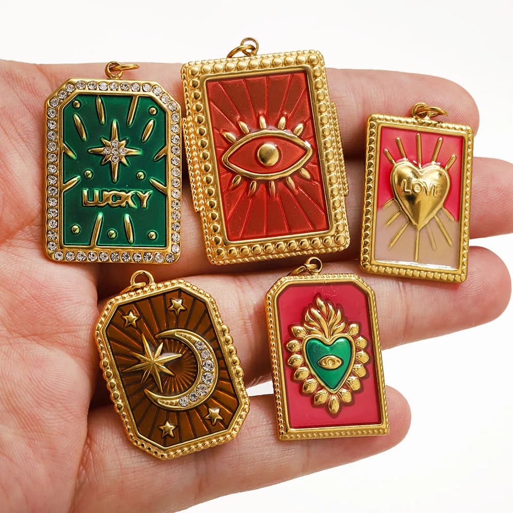 Y2K Style enamel Tarot Card Pendant Gold color Stainless Steel charms DIY Necklace Keychain 2025 trendy Jewelry Accessories