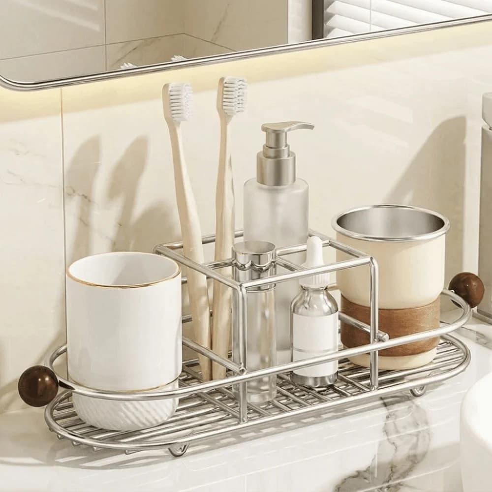 Durable Stainless Steel Toothbrush Holder Quick Dry Waterproof Mouthwash Cup Rack Rustproof Space Saving Toothpaste Rack Kitchen