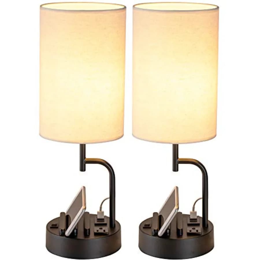 Lampada da Tavolo con 3 Porte USB per Ricarica, Lampada da Scrivania Moderna con Presa AC e Supporto per Telefono, Perfetta Lampada da Comodino per Camera da Letto e Soggiorno