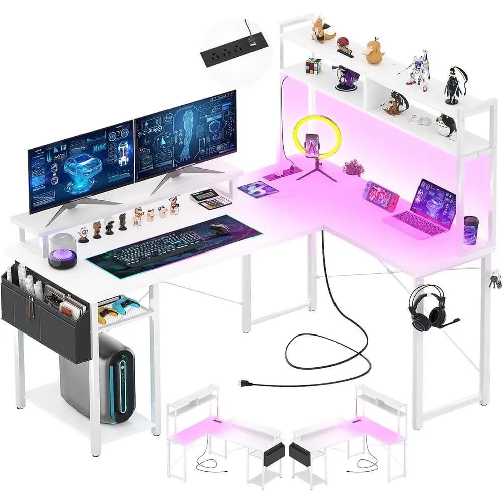 Small L desk with charging door and LED strip, Reversible L gaming desk with monitor support and storage space