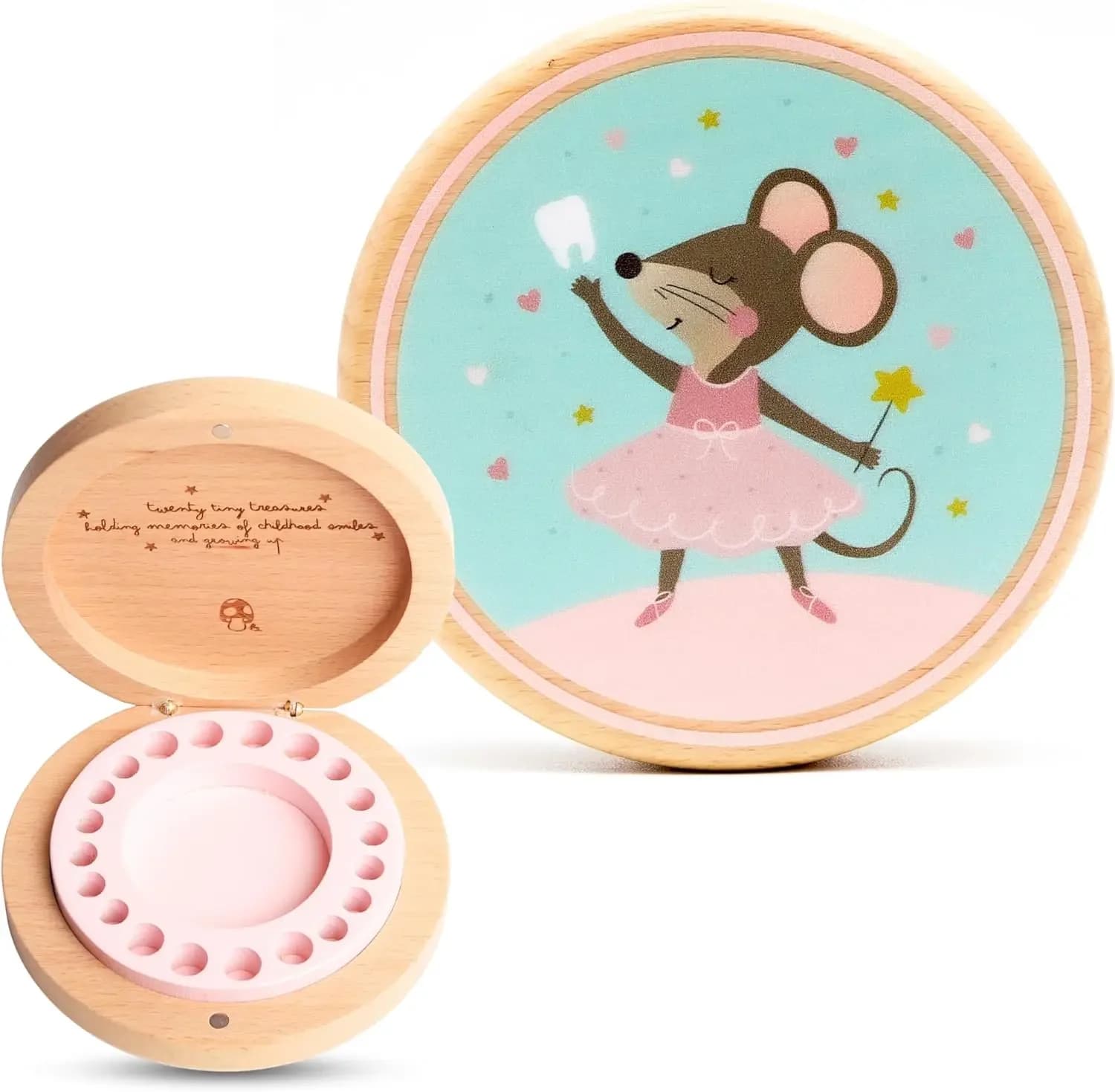 Scatola Portadenti in Legno di Faggio – Contenitore per Primo Dentino e Cordino – Regalo per Baby Shower – Rosa, Unisex
