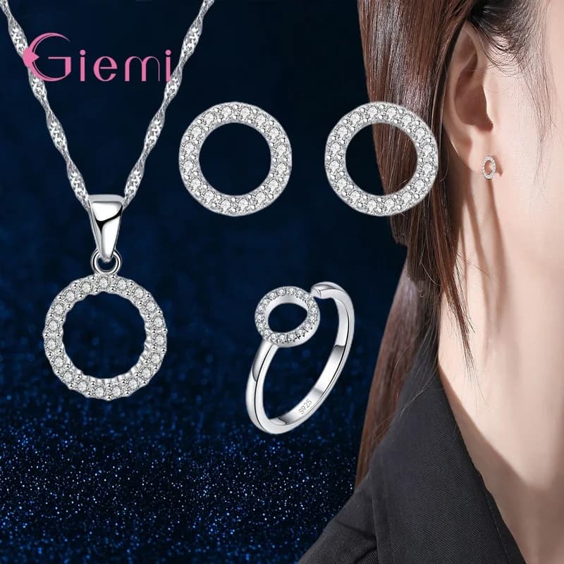 Hot Sale 925 Silver Classical Round Shape Wedding Present Necklace Earrings Ring Jewelry Sets For Women Girls