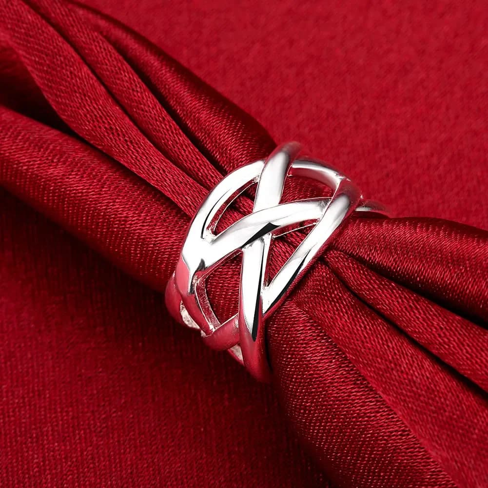 Anello in argento sterling 925 con rete da pesca incrociata per donna Uomo Taglia 6 7 8 9 10 Festa di moda Regalo di festa di nozze
