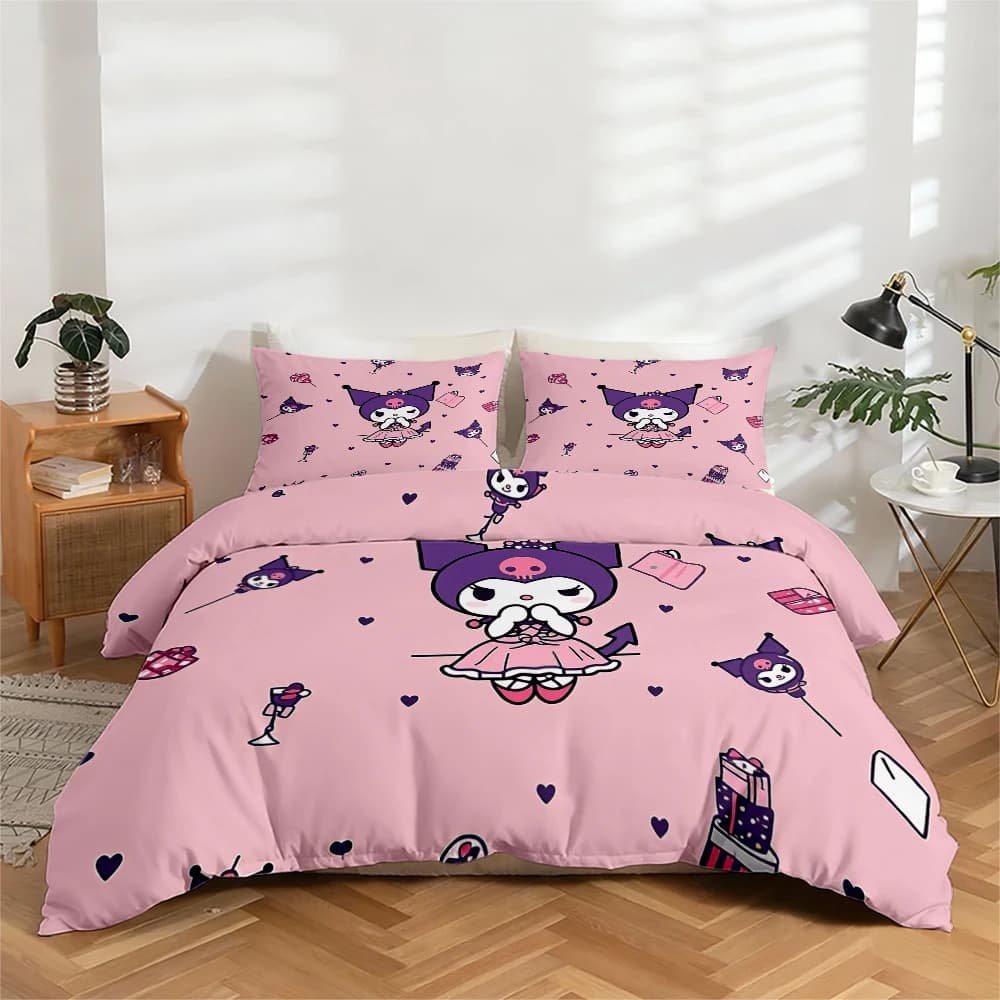 Set di biancheria da letto con stampa digitale ad alta definizione in 3 pezzi, Kuromi (personaggio dei cartoni animati Sanrio), set copripiumino con motivo floreale grande, include 1 copripiumino + 2 federe, adatto per camera da letto, camera degli ospiti, decorazioni per la casa, copripiumino + federa in fibra di poliestere, biancheria da letto ultra morbida, tessuto spesso, adatto a tutte le stagioni, lavabile in lavatrice